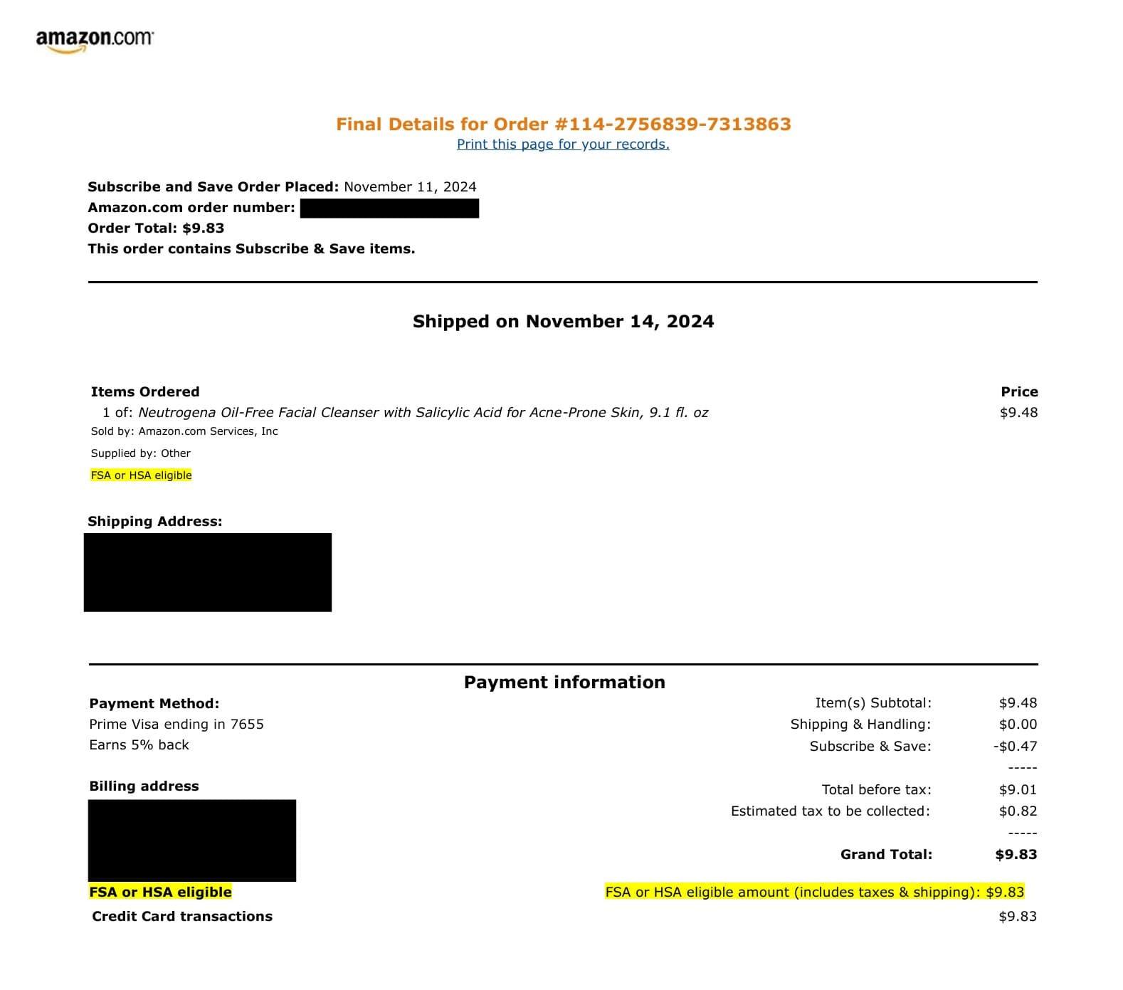 Yellow highlights mark the FSA or HSA Eligible tag beside the item and the eligible expenses total at the bottom